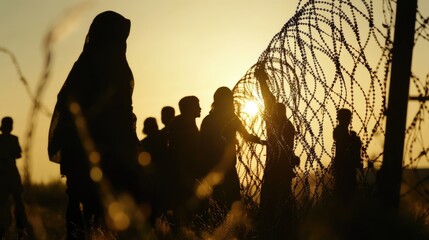 Sunset Silhouette Refugees at Border Fence.