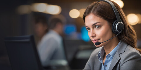 Professional Call Center Agent Providing Customer Support, Confident call center operator offering assistance through telephone contact for reliable customer support and communication service.