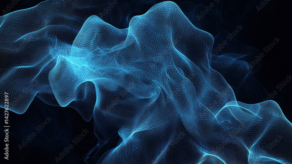 Poster abstract blue flames on black background, close-up image of a smooth, blue design with a delicate te