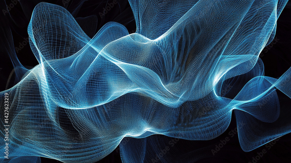 Poster abstract blue flames on black background, close-up image of a smooth, blue design with a delicate te