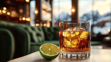 refreshing drink with ice cubes sits in glass, accompanied by fresh lime slice, creating vibrant and inviting atmosphere. background features cozy setting with soft lighting and hint of nature