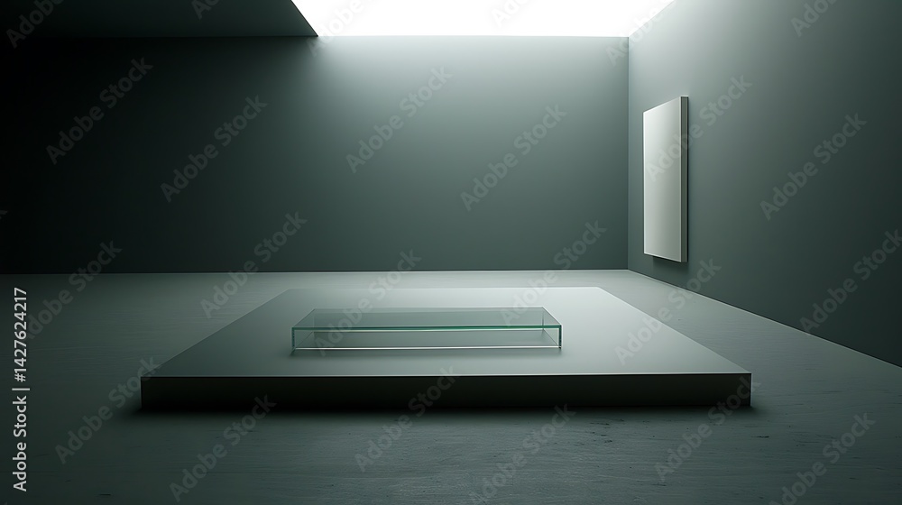 Poster sleek modern art gallery display with glass showcase in minimalist setting