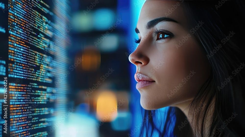 Poster woman looking at code in digital computing developer concept. young woman focused on digital data an