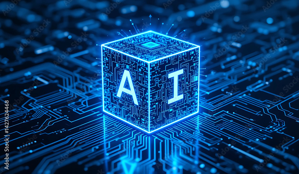 Poster a glowing blue cube with 