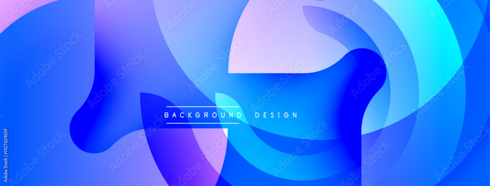 Poster abstract fluid shapes blend vibrant blues, purples, pinks. dynamic composition creates modern backgr