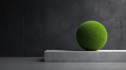 A sphere of vibrant green grass rests on a simple, light gray stone platform against a dark gray wall