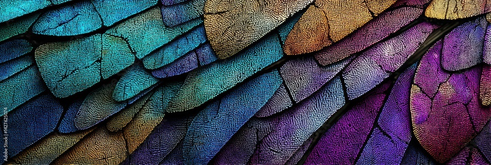 Poster close-up view of a butterfly wing displaying intricate iridescent patterns in vivid shades of blue, 