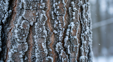 Obraz premium Frosted Tree Bark Texture Capturing Winter's Embrace in Detailed Macro Shot