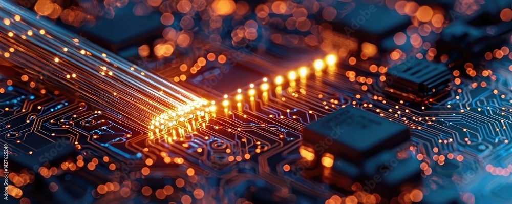 Poster lights of glowing fiber optic cables with soft network connection concept. close-up view of a circui