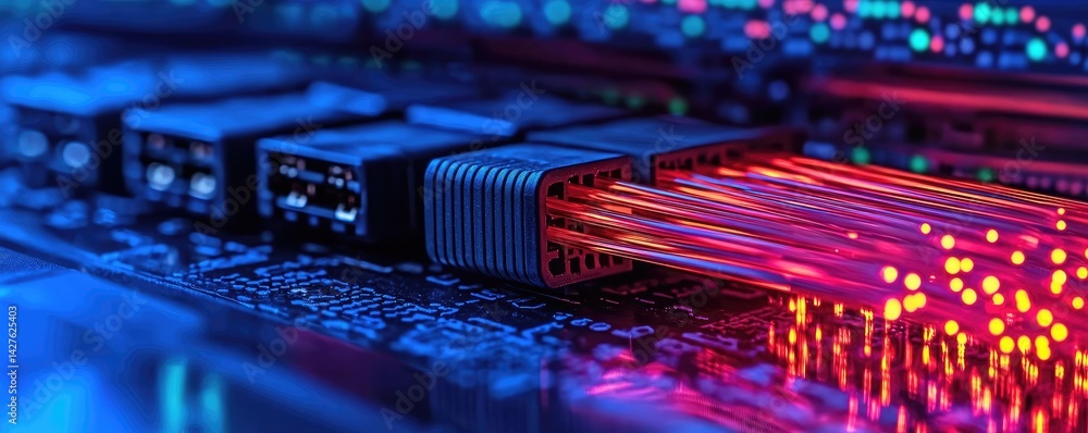 Poster lights of glowing fiber optic cables in soft macro focusing concept. close-up of vibrant data cables