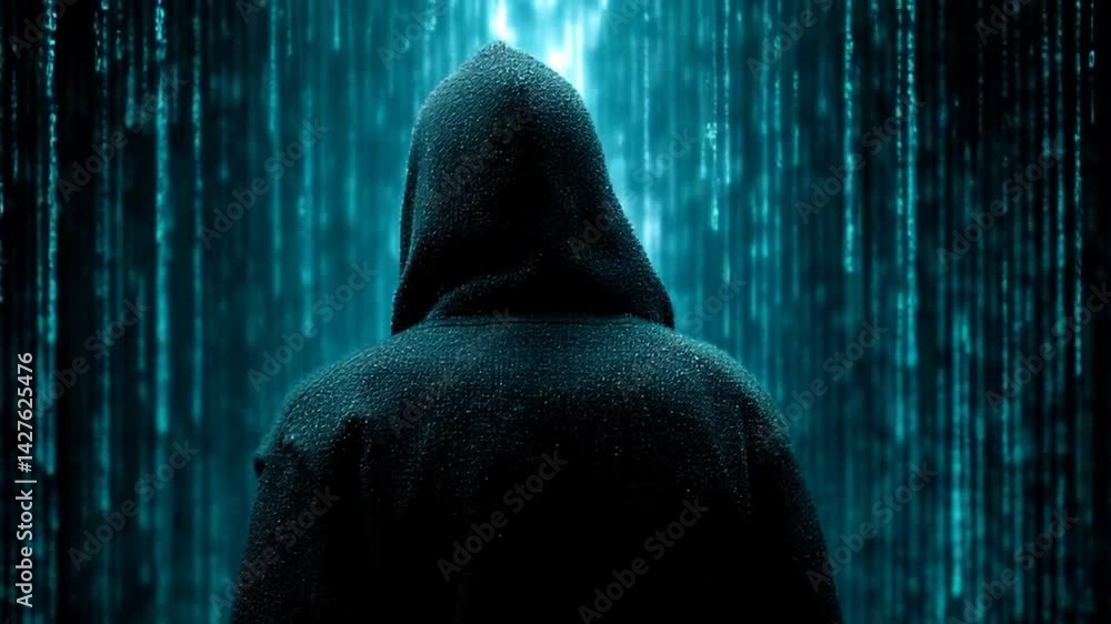 Poster a hooded human figure stands against a background of glowing binary code in a blue-lit digital envir
