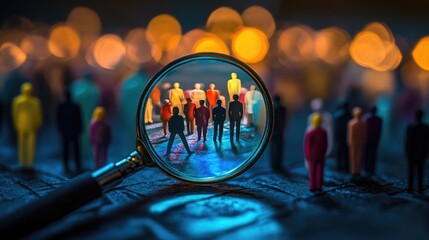 Magnifying Glass Focuses on Diverse Crowd.