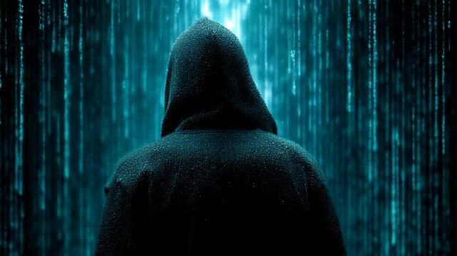 A hooded human figure stands against a background of glowing binary code in a blue-lit digital environment, suggesting hacking or cyberspace.