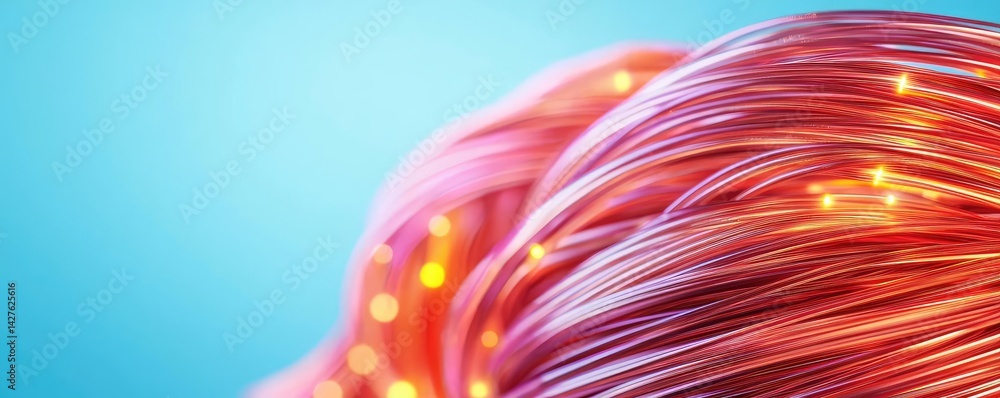 Aufkleber lights of glowing fiber optic cables with soft network connection concept. abstract close-up of colo