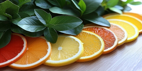  Colorful Citrus Slices with Green Leaves on Wooden Surface