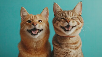 Cheerful dog and cat, both smiling, side by side with a bright turquoise backdrop. -