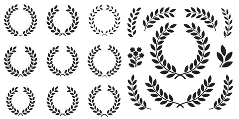 SET OF BLACK laurel wreath, flower, half, olive branch, roman laurel wreath, vintage laurel wreath, vector silhouettes