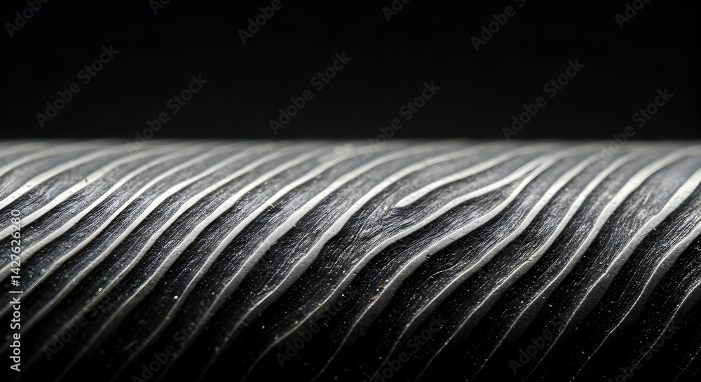 Poster striated metallic surface with an angular pattern on a dark background