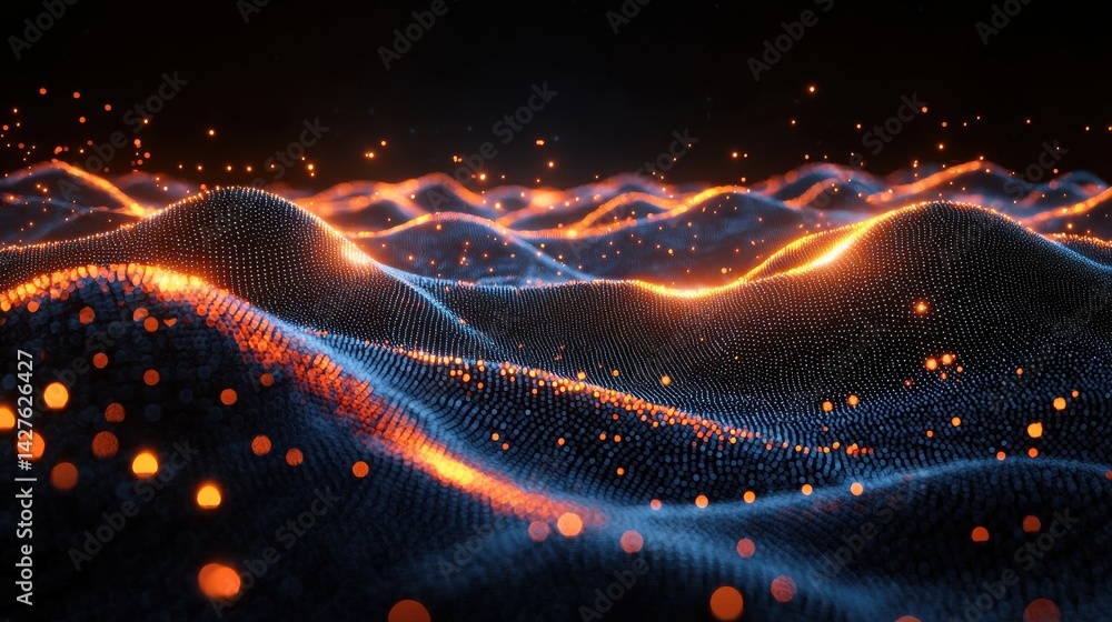Aufkleber mesmerizing waves of glowing digital particles in a futuristic technological landscape dynamic and c