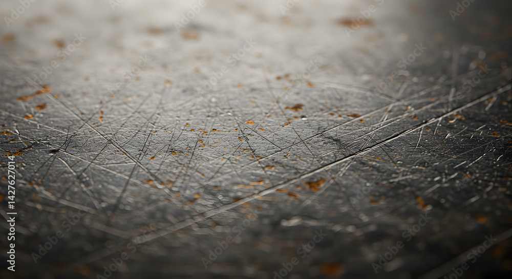Poster distressed metallic surface showing scratches and rust with aged look