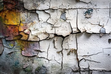 Fototapeta premium Close-up View of Cracked Paint on an Old Wall Revealing an Intricate Abstract Pattern With Colorful Hues and Texture Details