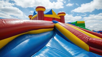 Colorful Inflatable Castle Fun Sunny Day Playground Adventure.