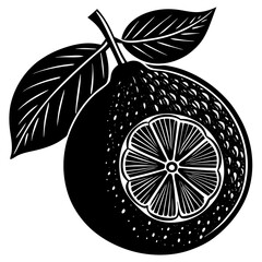 Black and White Lemon Silhouette with Leaves and Slice – Vintage Citrus Fruit Vector Illustration