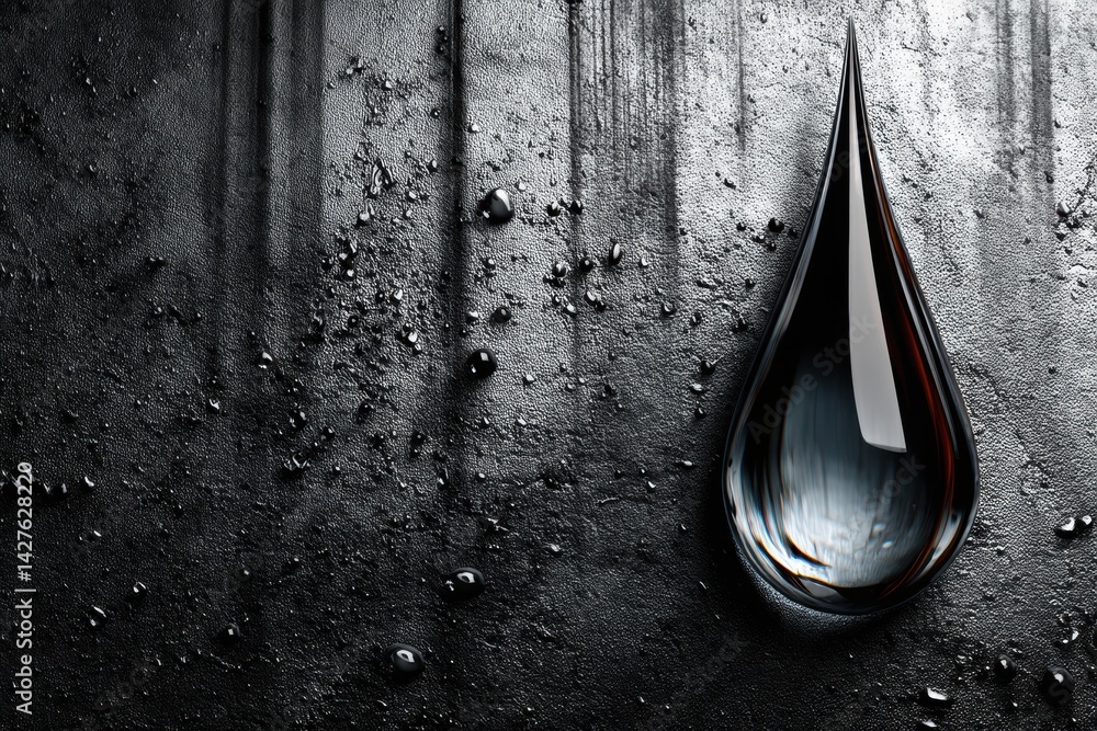 Poster iconic oil droplet shape filled with textures and layered shadows on a dark surface in an abstract c