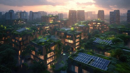 Fototapeta premium EcoCity Sunset Sustainable Urban Future.