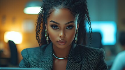 Confident and Stylish Afro Haired Woman in Green Blazer Gazing Intensely at the in a Studio Setting Exuding a Powerful and Successful Businesswoman Vibe
