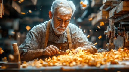 Elderly Skilled Craftsman Engrossed in His Woodworking Project Surrounded by Tools and Wood Chips in His Rustic Industrial Style Workshop