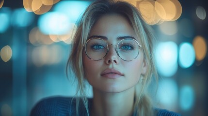 Portrait of a thoughtful pensive young blonde woman wearing glasses looking seriously at the against a blurred lights background creating a and moody atmosphere