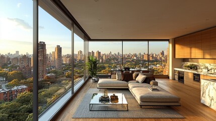 Luxurious modern high rise apartment with panoramic cityscape view through large Cozy and stylish living room interior design with minimalist furniture and decor bathed in warm sunset light