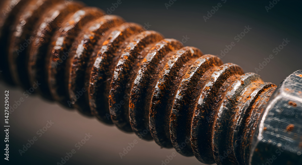 Poster macro shot of a heavily rusted bolt with threads with a dark background