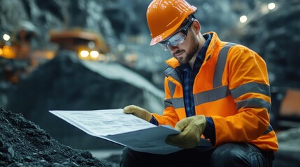 Focused Engineer Reviewing Mining Site Plans: A Serious Industrial Scene