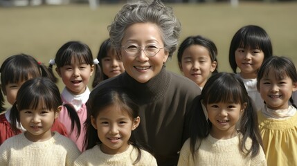 an elderly Korean woman wearing glasses, smiling while standing with many young girls in front of her at the school field. 