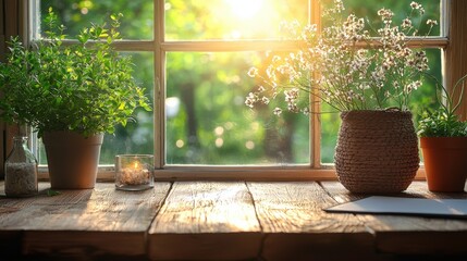 Cozy and peaceful morning interior scene with sunlight streaming through a window highlighting a wooden table with potted plants and natural decor