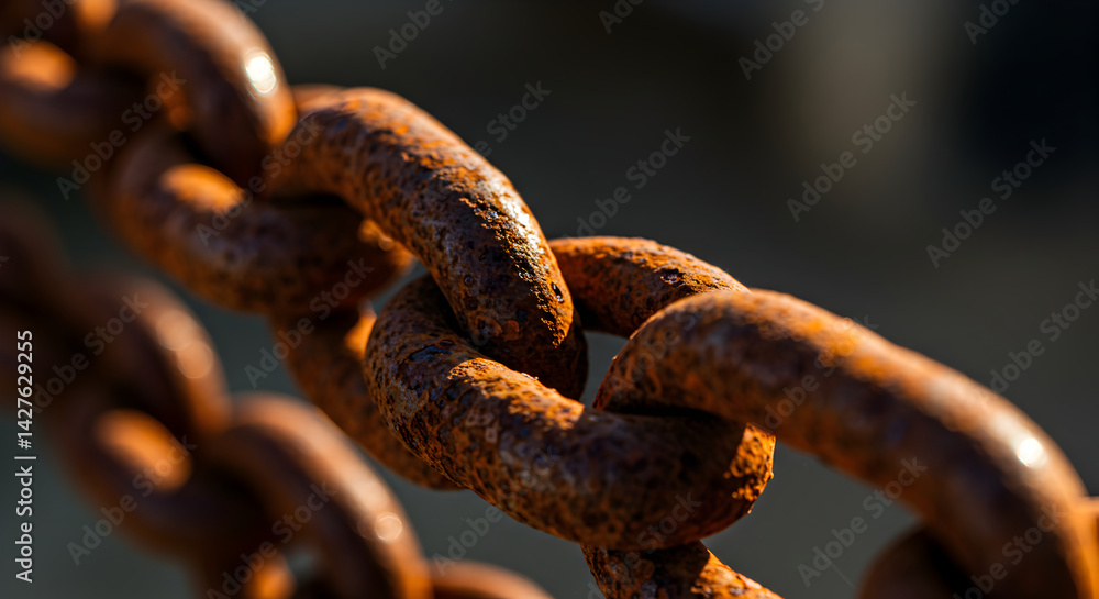Poster close up of aged and corroded rusty metallic chain links