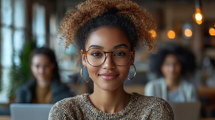 Confident and stylish young Afro American woman relaxing in the cozy atmosphere of a coffee shop working on her laptop with a warm positive mood