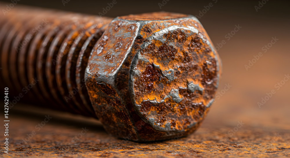 Poster macro shot of heavily rusted hex bolt with visible threads