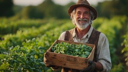 Smiling senior male farmer holding a wooden crate full of freshly harvested organic vegetables in a lush green rural vegetable garden or greenhouse  Concept of sustainable agriculture