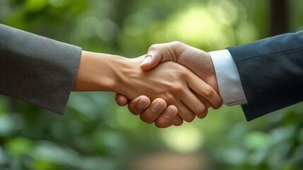 Two business professionals in formal attire shaking hands to seal a successful partnership agreement or deal symbolizing a shared vision for growth and success