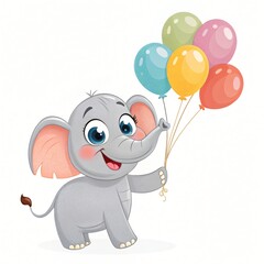 Obraz premium Adorable Baby Elephant Cartoon Character Holding Colorful Balloons Festive Illustration