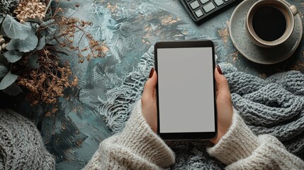 Overhead view of a woman s hand holding a smartphone on a cozy desk with a coffee mug indoor plants and other office accessories creating a warm and productive work environment