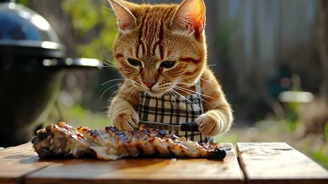 Cat chef prepares delicious grilled meat in sunny backyard setting while wearing an adorable apron