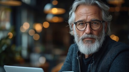 Contemplative elderly man with gray beard and glasses sitting in warm cozy cafe setting deep in thought looking pensive and introspective