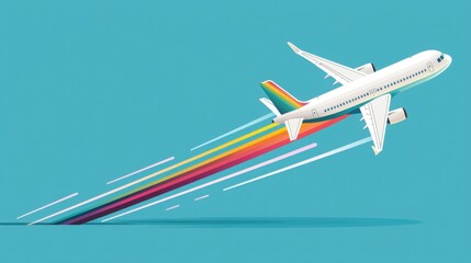 Fototapeta premium Whimsical Airplane Illustrating a Colorful Rainbow Trail in a Bright Blue Sky