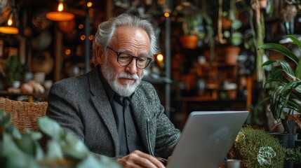 Thoughtful senior gentleman with grey beard contemplating or working intently at his desk in an office setting with a laptop computer