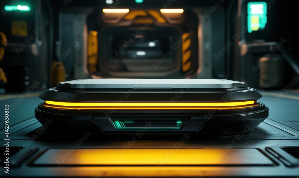 Poster futuristic cargo container in spaceship corridor. sci-fi background. product display