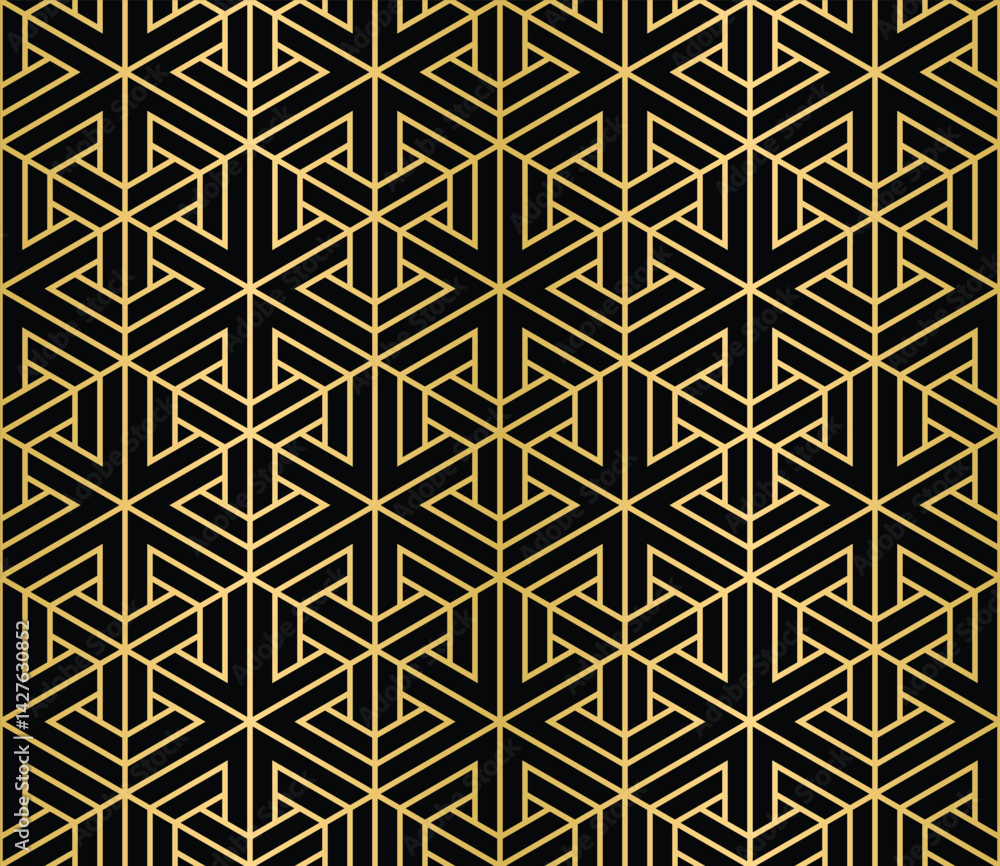 Poster geometric gold black pattern of interlocked starlike triangular shapes creating a modern luxe struct